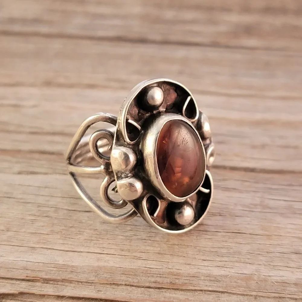 Vintage Sterling Genuine Amber Bali Boho Artisan Beaded Ring - Picture 5 of 11